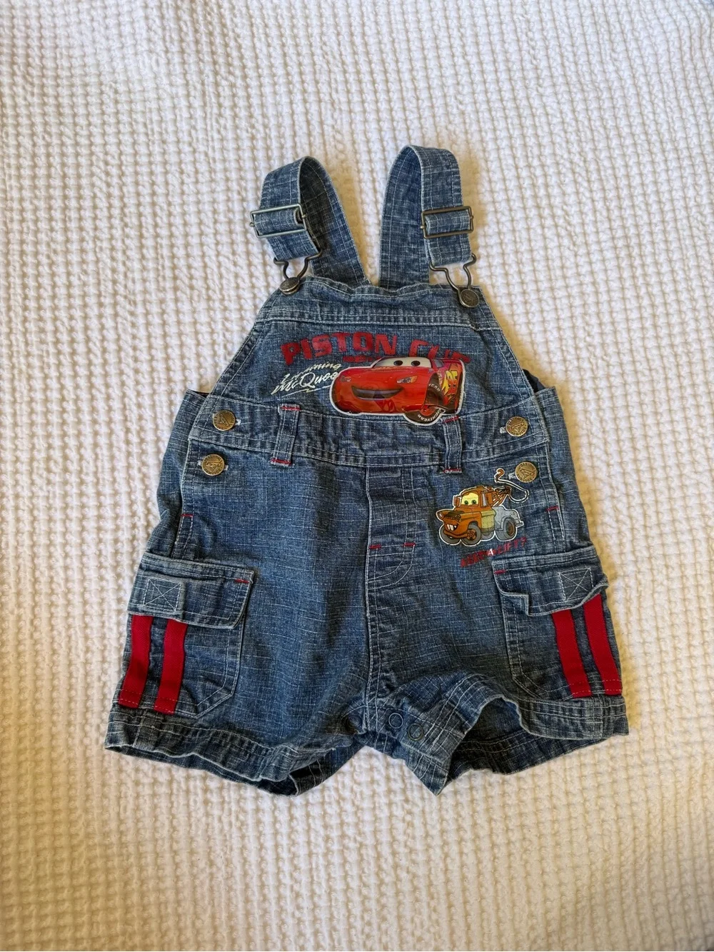 Disney Denim Short Overalls in Blue with Red Trim and Cars Graphics